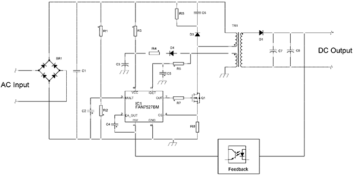 Simplified schematic of high-power flyback operating in BCM.