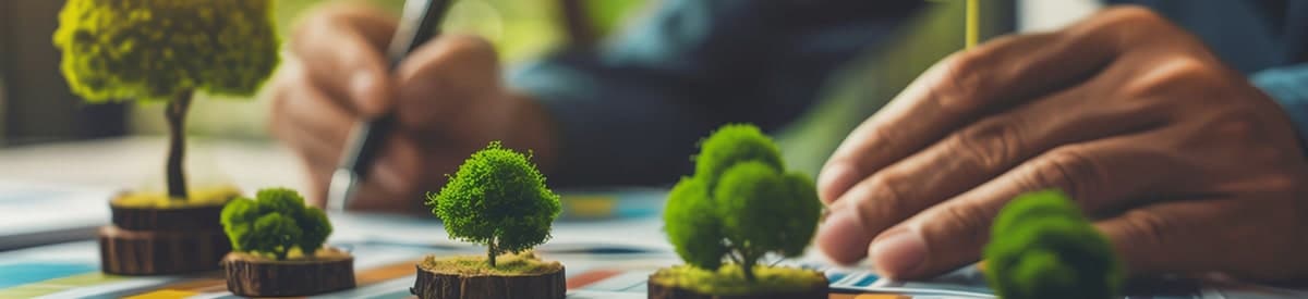 a person's hand writing on a document with a pen, while small potted trees are placed on the table in front of them